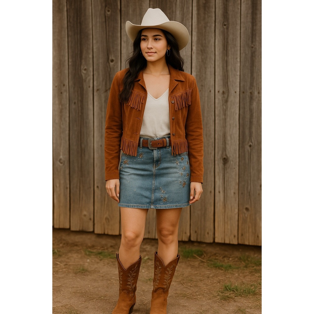 Western Cowgirl Rodeo Farm Y2K Denim Flower‎ Sequins Mini 10 Skirt Embellished